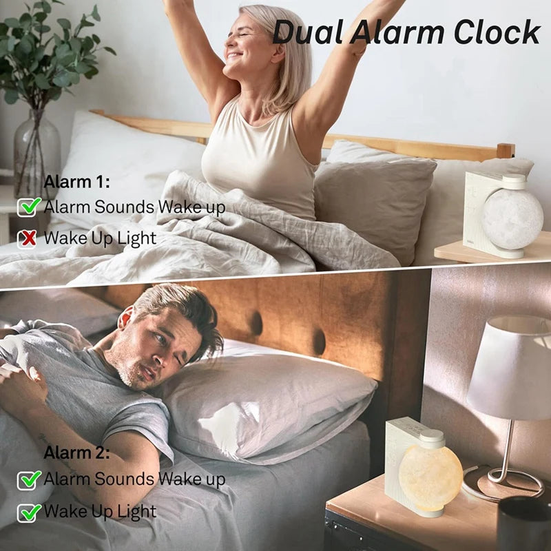Réveil Lumineux Apaisant : Profitez d'un réveil en douceur avec une lumière simulant le lever du soleil et des sons relaxants. Créez une ambiance sereine pour un réveil harmonieux et une journée bien commencée.