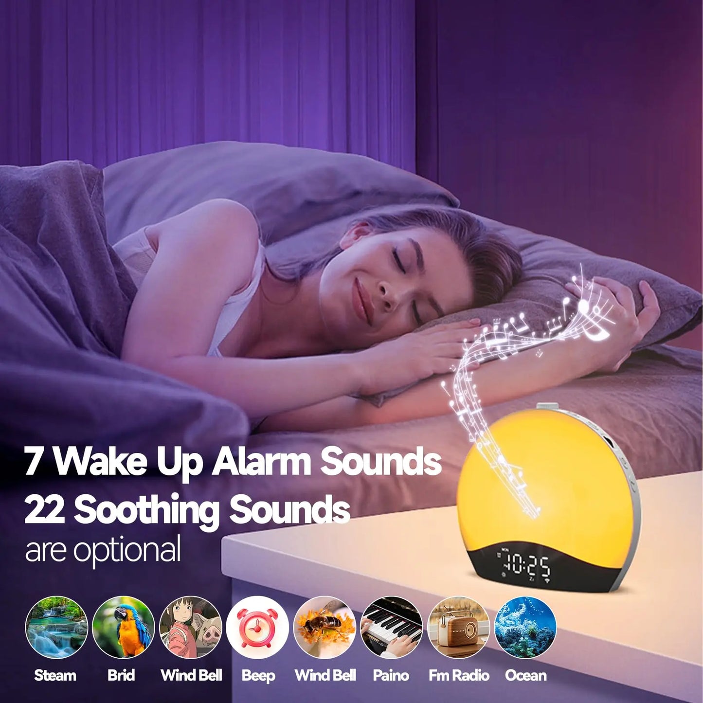 Réveil Lumineux Bluetooth : Commencez vos journées en douceur avec une lumière imitant le lever du soleil et écoutez vos morceaux préférés grâce au haut-parleur Bluetooth intégré. Un réveil harmonieux pour un matin revitalisant.